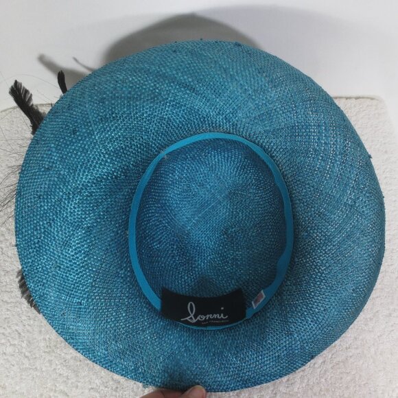 Sonni Hat 40s Vintage Teal Straw Fancy Black Feather Rhinestone Woven Size 6 7/8